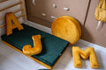 velvet lette shaped cushions j and m by bettys home and large velvet pouf in yellow