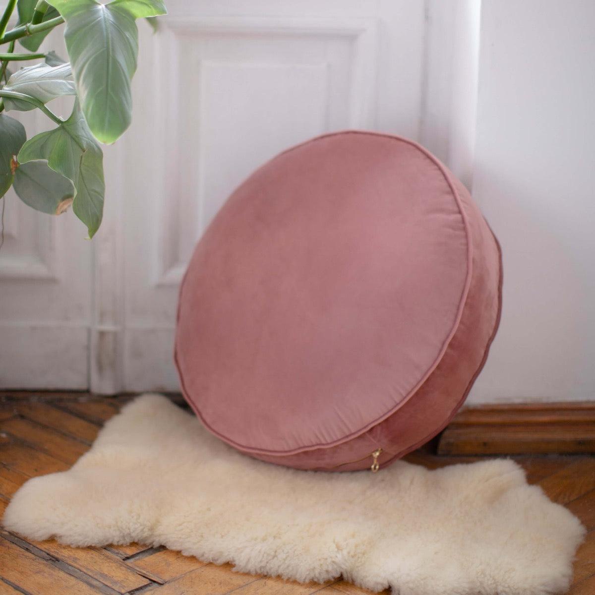 Large Velvet Pouf Old Rose on floor 