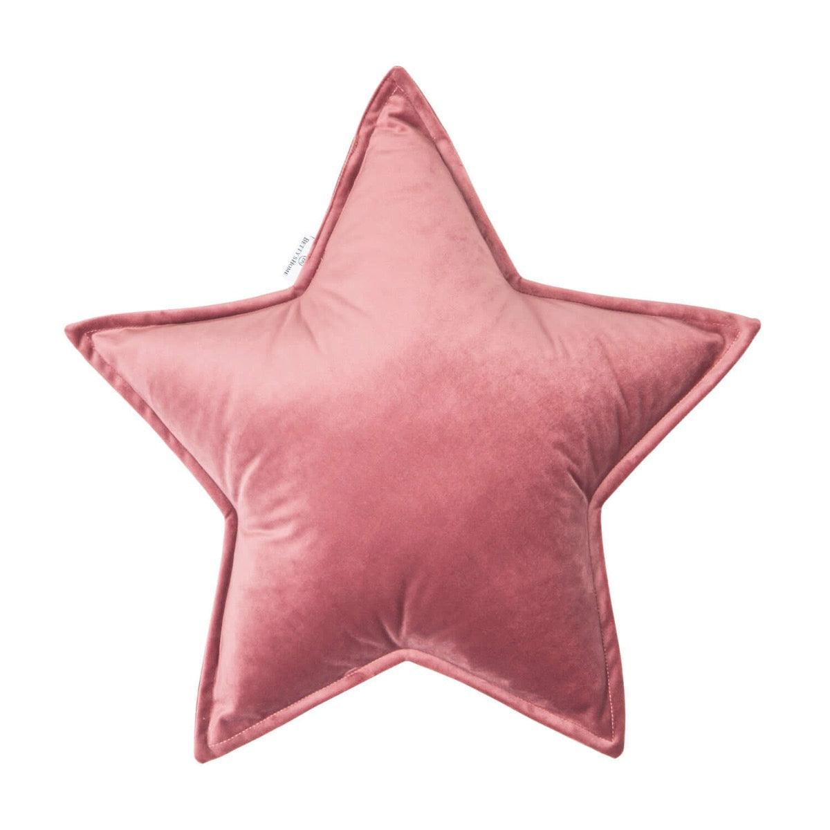 Velvet Star Cushion, decorative velvet cushion for nursery decor, plush star-shaped throw pillow on bed by bettys Home