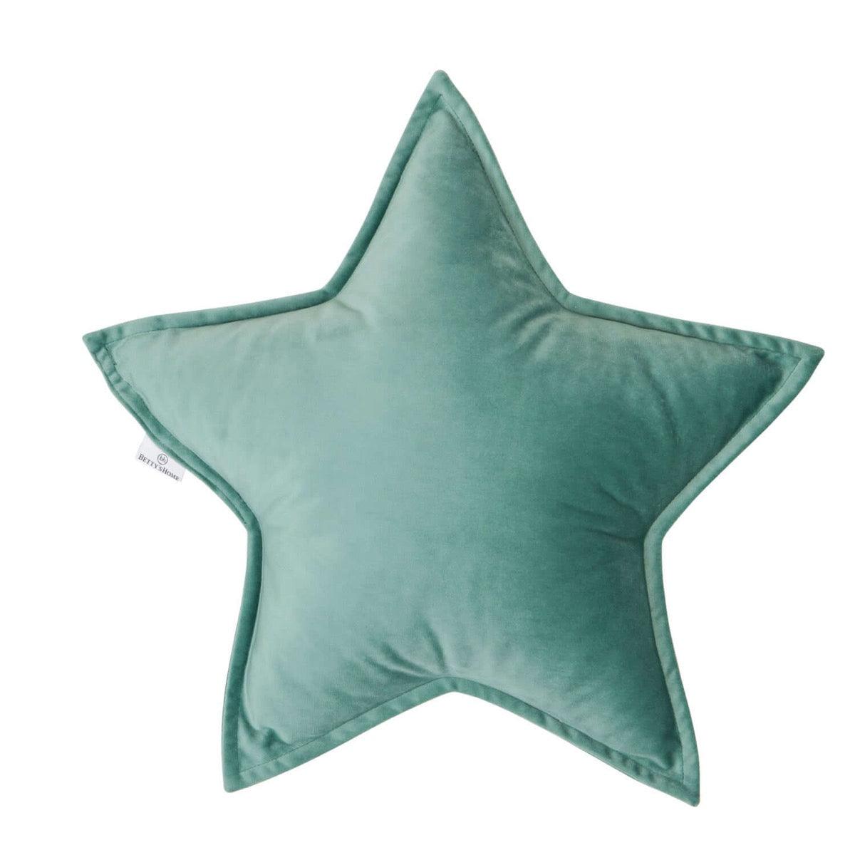 Velvet Star Cushion, decorative velvet cushion for nursery decor, plush star-shaped throw pillow on bed by bettys Home